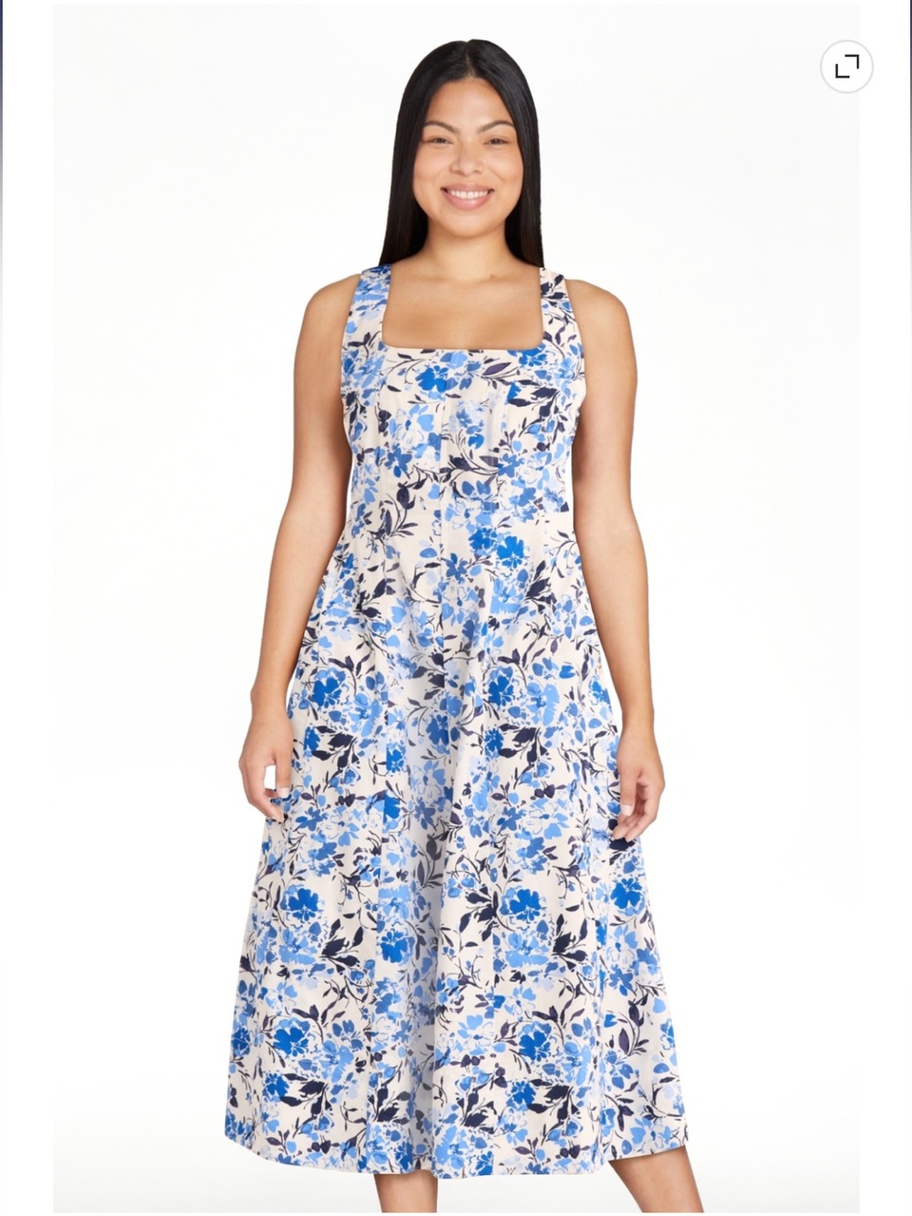 Blue Floral Midi Dress with Square Neck